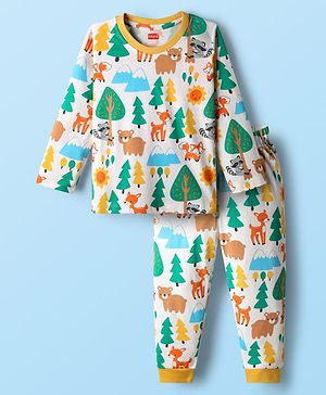 Babyhug Cotton Knit Full Sleeves Co-ords Night Suit with Jungle Theme Print - White