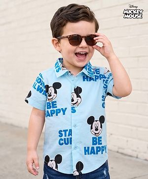 Babyhug Disney Woven Half Sleeves Shirts With Mickey Mouse Print - Blue