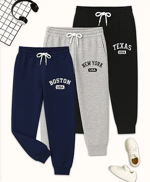 KUCHIPOO Cotton Blend Knit Pack Of 3
                              USA Text Printed Track Pants - Navy Blue
                              Grey & Black