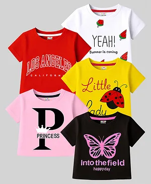 KUCHIPOO Cotton Blend Knit Pack Of 5
                              Half Sleeves Butterfly & Typography
                              Printed Tees - Black White Red Yellow
                              & Pink