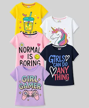 KUCHIPOO Cotton Blend Knit Pack Of 5
                              Half Sleeves Unicorn & Typography
                              Printed Tees - Navy Blue Pink Lilac White
                              & Yellow