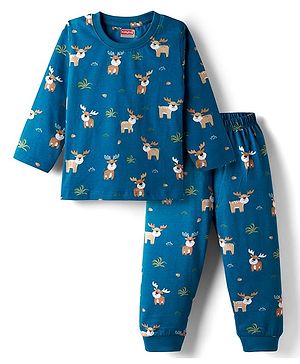 Babyhug Cotton Knit Full Sleeves Night Suit with Reindeer Print - Blue
