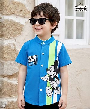 Babyhug Disney Single Jersey Woven Half Sleeves Shirt with Mickey Mouse Graphic - Blue