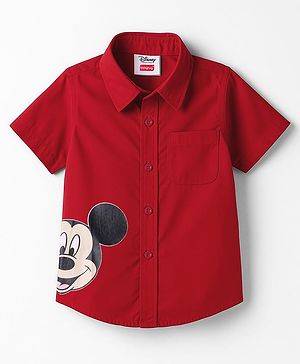 Babyhug Disney Poplin Woven Half Sleeves Printed Shirt with Front and Back Mickey Mouse Graphic - Red