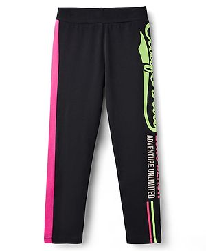 Pine Kids Cotton Lycra Knit Full Length Leggings With Text Print - Black