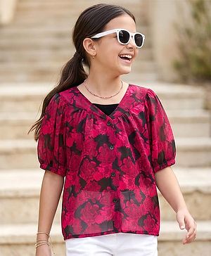 Pine Kids Half Sleeves Woven Top and Inner T-Shirt With Floral Print - Dark Pink & Black