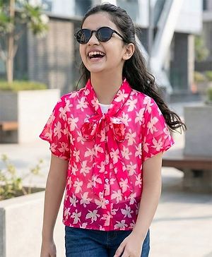 Pine Kids Woven Half Sleeves Top & Inner Tee with Floral Print  and Bow Tie Up - Pink