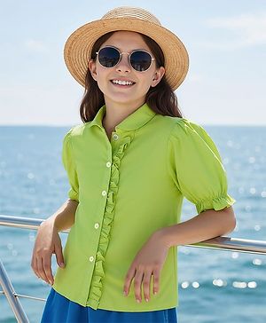 Pine Kids Poplin Woven Half Puffed Sleeves Shirt Style Top with Frill Detailing - Limegreean