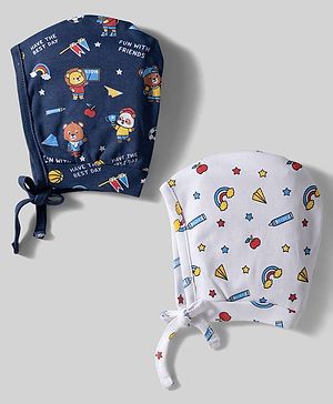Babyhug 100% Cotton Knit Bonnet Caps with Teddy & Rainbow Print Pack of 2 Navy Blue & White - Diameter 16 cm