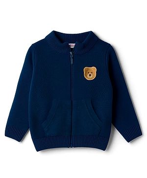 Babyhug Knit Full Sleeves Front Open Sweater with Bear Patch Detailing - Navy Blue