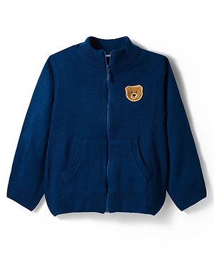 Babyhug Knit Full Sleeves Front Open Sweater with Bear Patch Detailing - Navy Blue