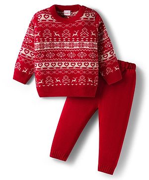 Babyhug Knitted Full Sleeves Sweater Set With Floral & Animal Design - Red