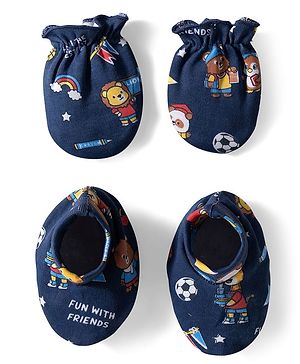 Babyhug 100% Cotton Knit Mittens & Booties with Sports Theme Print - Navy Blue