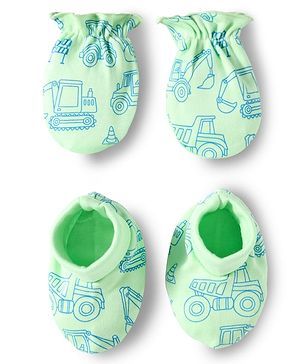 Babyhug 100% Cotton Knit  Mittens & Booties Set with Vehicle Print- Light Green