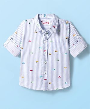 Babyhug Cotton Woven Full Sleeves Striped Shirt with Car Print - White
