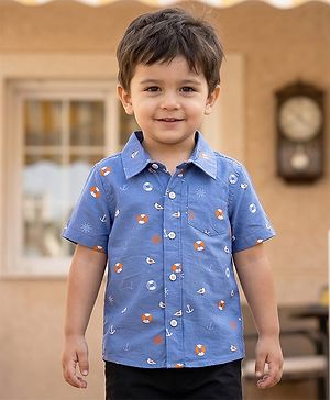 Babyhug Cotton Woven Half Sleeves Shirt With Nautical Theme Print - Blue