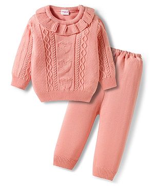 Babyhug Knitted Full Sleeves Sweater Set With Frill & Cable Knit Design - Pink