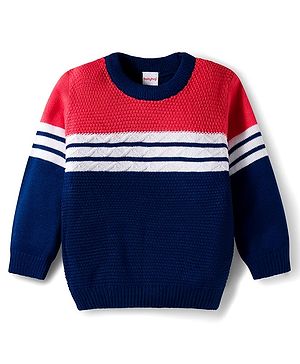 Babyhug Knit Full Sleeves Pullover Sweater with Stripes - Navy Blue & Red