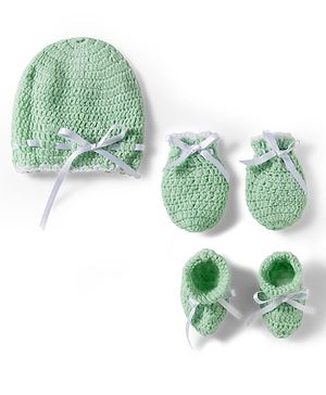 Babyhug Hand Knit Woollen Cap Mitten & Booties Set with Bow Applique Sea Green - Diameter 10 cm