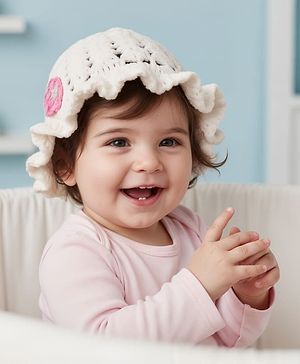 Babyhug Hand Knit Woollen Cap with Floral Embroidery White - Diameter  11 cm