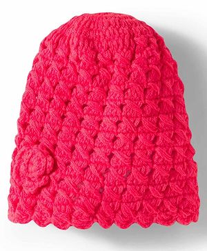 Babyhug Hand Knit Woollen Cap with Floral Embroidery Red - Diameter 12 cm