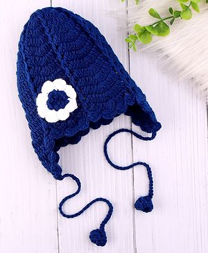 Babyhug Hand Knit Cap With Floral Applique Navy Blue - 12 cm Diameter