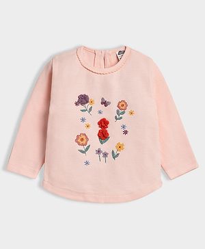 Mi Arcus 100% Cotton Knit Full Sleeves Floral Embroidered & Applique Detailed Tee - Peach