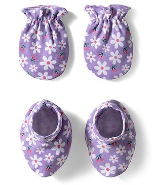 Babyhug 100% Cotton Knit Mittens & Booties with Floral Print - Lavender