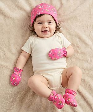 Babyhug Interlock Cotton Knit Cap Mittens And Booties Set With Floral Print Pink -  Diameter 16 cm