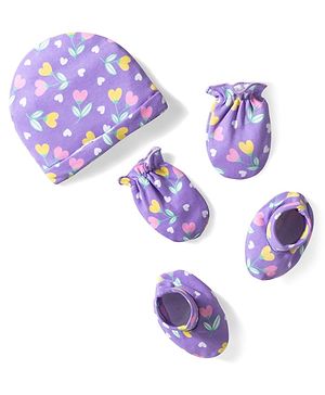 Babyhug 100% Cotton Knit Cap Mittens & Booties With Floral Print Voilet - Diameter 10 cm