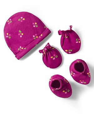 Babyhug 100% Cotton Knit Cap Mittens And Booties Set with Floral Print Wine - Diameter 16 cm