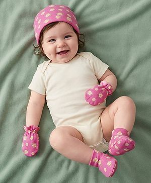 Babyhug 100% Cotton Knit Cap Mittens & Booties With Stripes & Floral Print Dark Pink - Diameter 11 cm