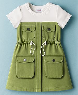 Kookie Kids Cotton Woven Half Sleeves Solid Color Safari Dress With 4 Pocket Detailing & Adjustable Toggles - Olive Green