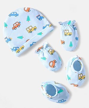 Babyhug 100% Cotton Knit Cap Mittens And Booties Set With Vehicle Print Light Blue- Diameter 17.5 cm