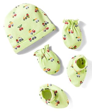 Babyhug 100% Cotton Cap Mittens & Booties Set With Vehicle Print Lime Green - Diameter 16 cm
