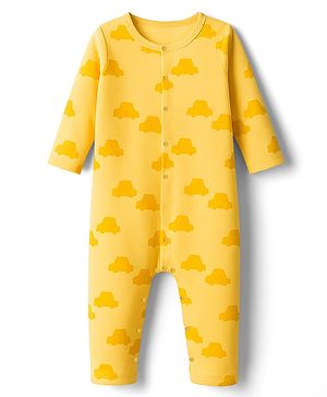 Kookie Kids Interlock Knit Full Sleeves Romper With Car Print - Yellow