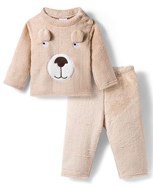Babyhug Cotton Knit Full Sleeves Night Suit With Animal Applique - Peach