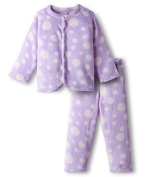 Babyhug Velour Knit Full Sleeves Front Open Fur Co-ords Winter Night Suit with Polka Dot Print - Lavender
