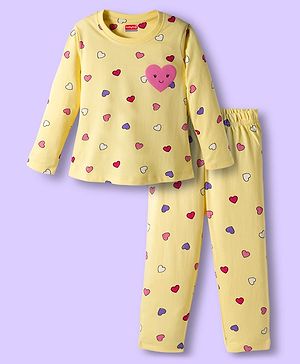 Babyhug Cotton Knit Full Sleeves Co-ords Night Suit With Heart Print - Yellow