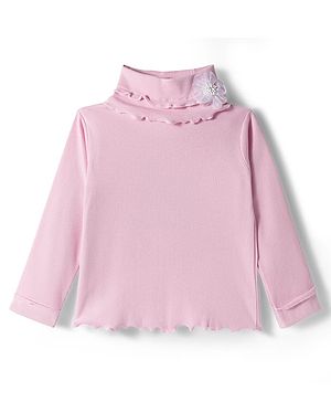 Babyhug Cotton Elastane Full Sleeves Turtle Neck Winter T-Shirt with Floral Applique - Pink