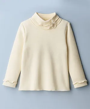 Babyhug Cotton Elastane Knit Full Sleeves Solid Color Turtle Neck Winter T-Shirt with Floral Applique - Off White