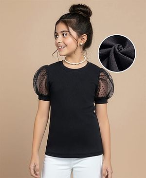 Pine Kids Cotton Knit Half Puffed Sleeves Solid Color Top - Black