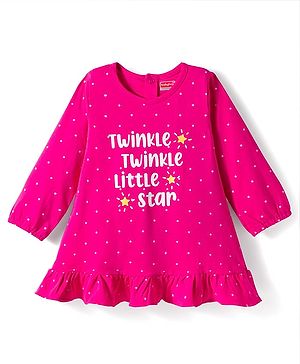Babyhug Cotton Knit Full Sleeves Nighty With Text & Polka Dot Print - Pink