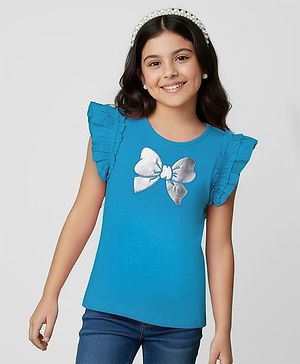 Pine Kids Cotton Knit Frill Sleeves Top With Bow Print - Light Blue