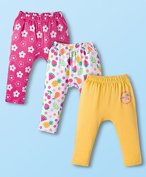 Babyhug Cotton Knit Full Length Diaper Leggings With Floral Print Pack Of 3 - Pink Yellow & White