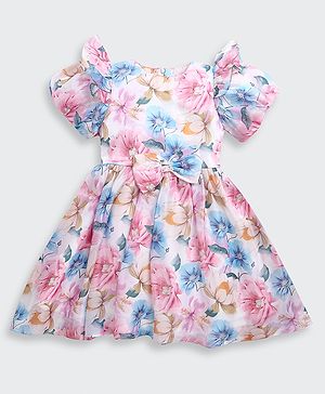 Tiny Girl Woven Half Puffed Sleeves Floral Printed Bow Applique Detailed Dress - Onion Pink