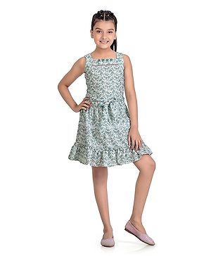 Tiny Girl Woven Sleeveless Floral Printed Dress - Green