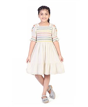 Tiny Girl 100% Cotton Woven Half Sleeves Floral Embroidered & Smocked Detailed Tiered Dress - Cream