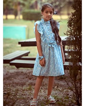 Tiny Girl 100% Cotton Woven Sleeveless Floral Printed & Bow Applique Detailed High Neck Dress - White