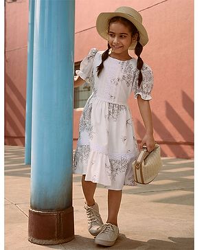 Tiny Girl 100% Cotton Woven Half Puffed Sleeves Floral Printed & Lace Embellished Tiered Dress - Off White